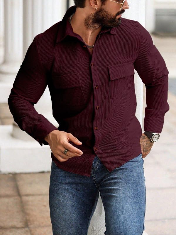 Image of Men Corduroy Casual Jacket Full Sleeve Self Design Button Front with Spread Collar, Woven Cord Lining and Two Pockets for Casual Outings