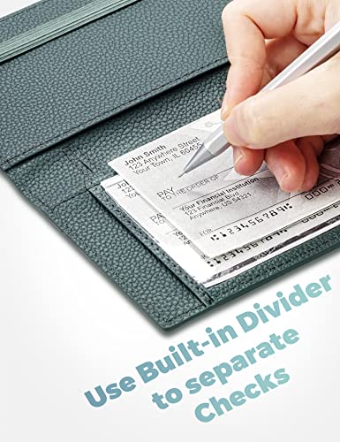 Yarnic Checkbook Cover For Personal Checkbook, Checkbook Holder With Pen Holder & Built-In Clear Plastic Divider For Duplicate Checks (Vert Gris) #TOP6