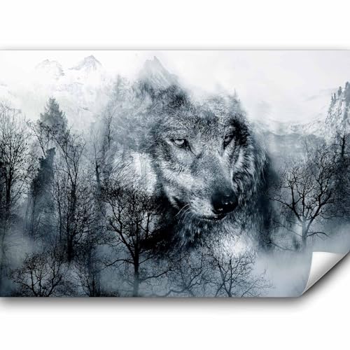 murando Fototapete Wolf 350x256 cm Vlies Tapeten Wandtapete XXL Moderne Wanddeko Design Wand Dekoration Wohnzimmer Schlafzimmer Büro Flur Wald schwarz-weiß g-A-0139-a-b