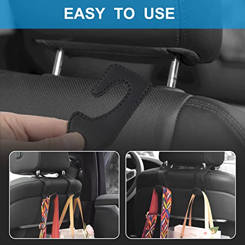 EldHus Seat Hooks for Purses and Bags, 4 Pack Car Purse Holder for Grocery Bag Handbag Clothes, Metal Headrest Hooks Covered by Leather, Black