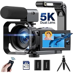 5K Video Camera 56MP Dual Lens Camcorder WiFi IR Night Vision Vlogging Camera for YouTube 16X Digital Zoom 3.0″Touchscreen Video Recorder with 2 Batteries, 64G SD,Microphone, Lens Hood, Remote, Tripod