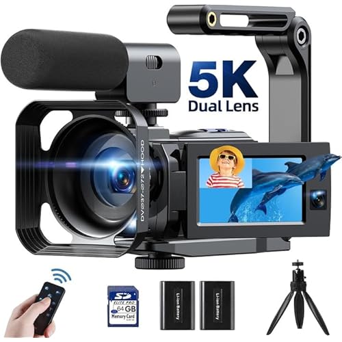 5K Video Camera 56MP Dual Lens Camcorder WiFi IR Night Vision Vlogging Camera for YouTube 16X Digital Zoom 3.0″Touchscreen Video Recorder with 2 Batteries, 64G SD,Microphone, Lens Hood, Remote, Tripod