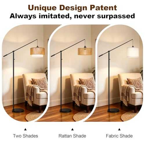 Image of 【Upgraded】Boho Dimmable Floor Lamps with Adjustable Swing Arm, 1100 Lumens Bulb Included, Modern Standing Lamp with Rattan & Fabric Shades, Farmhouse Tall Arc Floor Lamp for Living Room Bedroom, Black