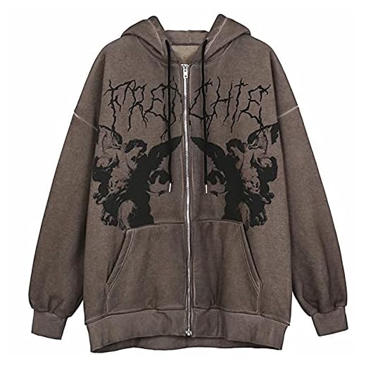 Dam Y2k estetisk huvtröja med hel dragkedja ansikte porträtt tryck överdimensionerad tröja E-Girl 90-tal baggy långärmad jacka kappa, H-kaffe, XL