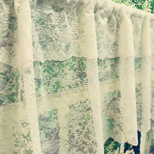 Deeprove Ivory Lace Curtain Valance Macrame Trim For Cafe Kitchen Small Window, Decor With Boho Style Handmade Tassels, Vintage Rose Floral Short Sheer Curtain, W57 X L18 Inch, Rod Pocket, 1 Panel #TOP2