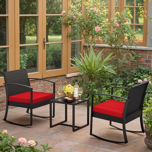 Image of Greesum 3 Piece Patio Furniture Set, All-Weather Imitation Rattan Conversation Set, Outdoor Rocking Chair Bistro Set with Glass Top Coffee Table for Pool, Deck, Porch, Garden or Balcony, Red
