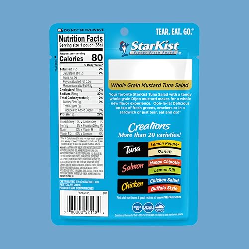 Image of StarKist Tuna Creations Whole Grain Dijon Mustard Tuna Salad Pouch (3.0 oz - 24 Pack) Wild Caught, High Protein Shelf Stable Seafood, No Draining, Ready to Eat for Salads and Sandwiches