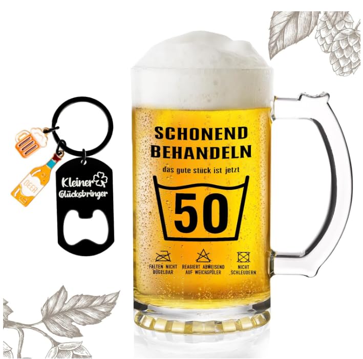 Vaso de cerveza de 0,5 l, regalo para 50 cumpleaños, hombre, 50 cumpleaños hombre, 50 cumpleaños hombre, vaso de cerveza con grabado con un abrebotellas, adecuado para hombres, mujeres, marido y