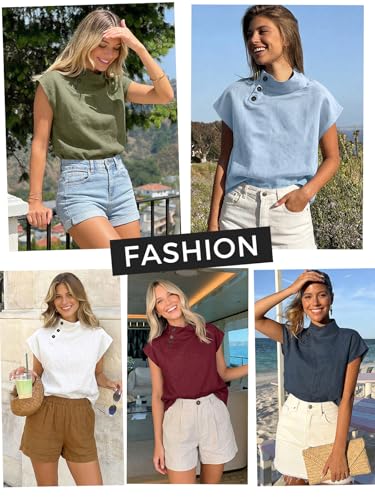 Celmia High Neck Tee for Women Buttoned Collar Summer Cotton Short Sleeve Blouse Wine Red XX-Large — view 5