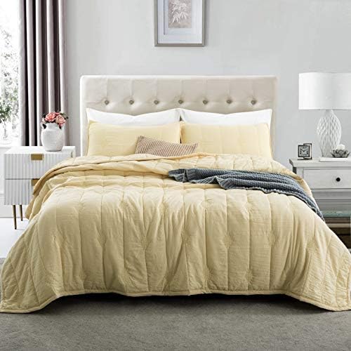 3 Pc Mini Quilt Comforter Set. Stone Washed Soft Fabric. Down Alternative Microfiber Fill. Allover Embroidery Stitching. Machine Washable. Solid Colors. (Yellow, King Set)