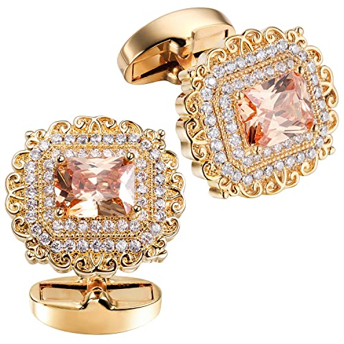 Image of HAWSON Cufflinks for Men, Gold Diamond Crystal Cufflinks for Groom Husband Personalized Gifts, Mens Formal Wedding Business Cufflinks, Luxurious Gorgeous Cuff Links French Shirt Accessories