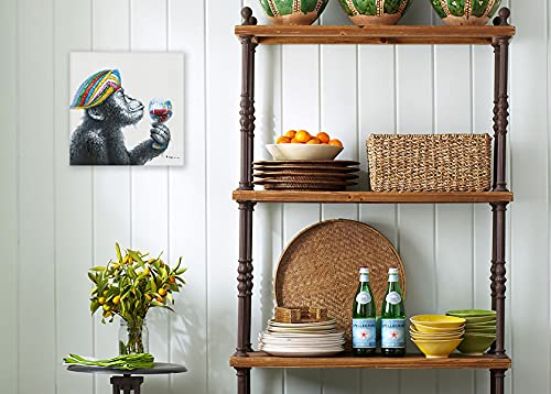 Yidepot Chimp Wine Canvas Wall Art: Handpainted Monkey Decor Wearing Colorful Funky Hat Hanging Wine Glass Painting For Boys' Bedroom Framed Ready To Hang (12"X12"X1 Panel) #TOP6