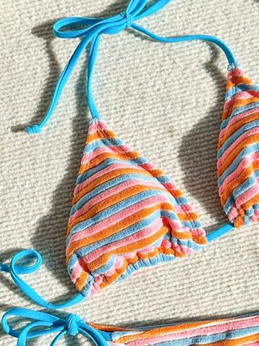 Women's Striped Knot Bathing Suit High Waisted Halter Triangle Swimsuit Bikini Set3