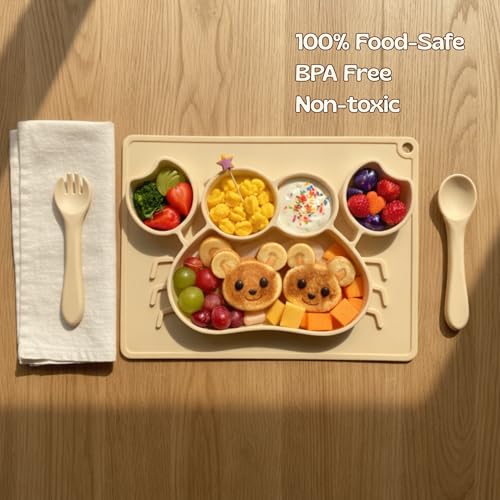Image of Silicone Baby Meal Plate Set with Spoon & Fork | Crab Shaped | Banana Yellow | 5 Section Divided Plate for Toddlers | Food Grade Kids Feeding Set | Microwave Dishwasher Safe