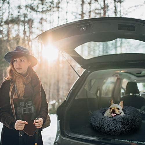 Pasking Calming Donut Dog Bed for Small Dogs Cats, Fluffy Anti Anxiety Dog Beds Washable Puppy Bed Non-Slip Plush Cuddler Warming Round Faux Fur Pet Bed Indoor Grey(60cm)