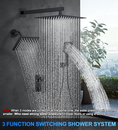 Image of WOINDO Shower Faucet Set, 10 inch Wall Mount Rainfall Shower System with 2 Rain Shower Head and Multi-function Handheld Head Push Button Diverter Shower Faucet Trim Kit