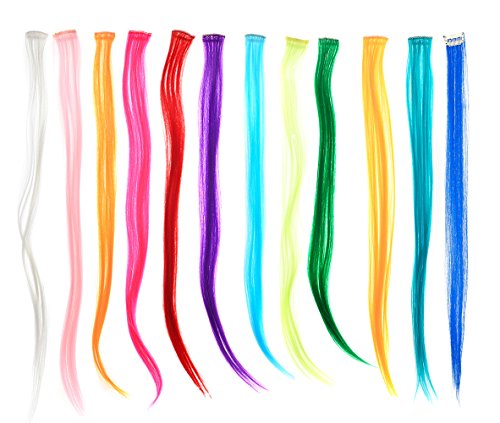 SWACC 12 Pcs Multi-Colors Party Highlights Clip on in Hair Extensions Colored Hair Streak Synthetic Hairpieces (22-Inch Straight, 12 Pcs Multiple colors)