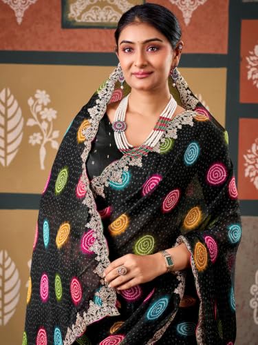 Image of SIRIL Women's Chiffon Bandhani Printed Saree, Sequence Embroidery Border