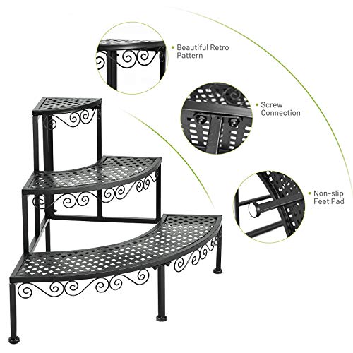 Giantex Corner Plant Stand Flower Pot Organizer Rack, 3 Tier Quarter Round Plant Display Holder Storage Shelves, Metal Corner Shelf Planter Shelving Ladder Plant Stand For Indoor Outdoor Use #TOP4