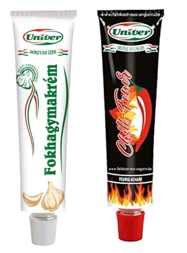 Univer Zrt. Sparset Knoblauch Creme 70g Tube und Chili-Feuer rohe gemahlene Chili-Paprika