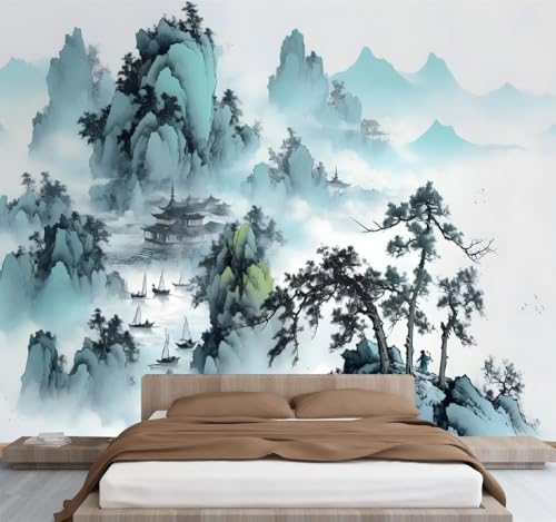 Fotomurales Decorativos Pared Montaña 3D Mural Autoadhesivo Pared Paisaje de Estilo Chino Papel Pintado Tela de Seda Papel Tapiz Panorámico 200x140 cm B-4785