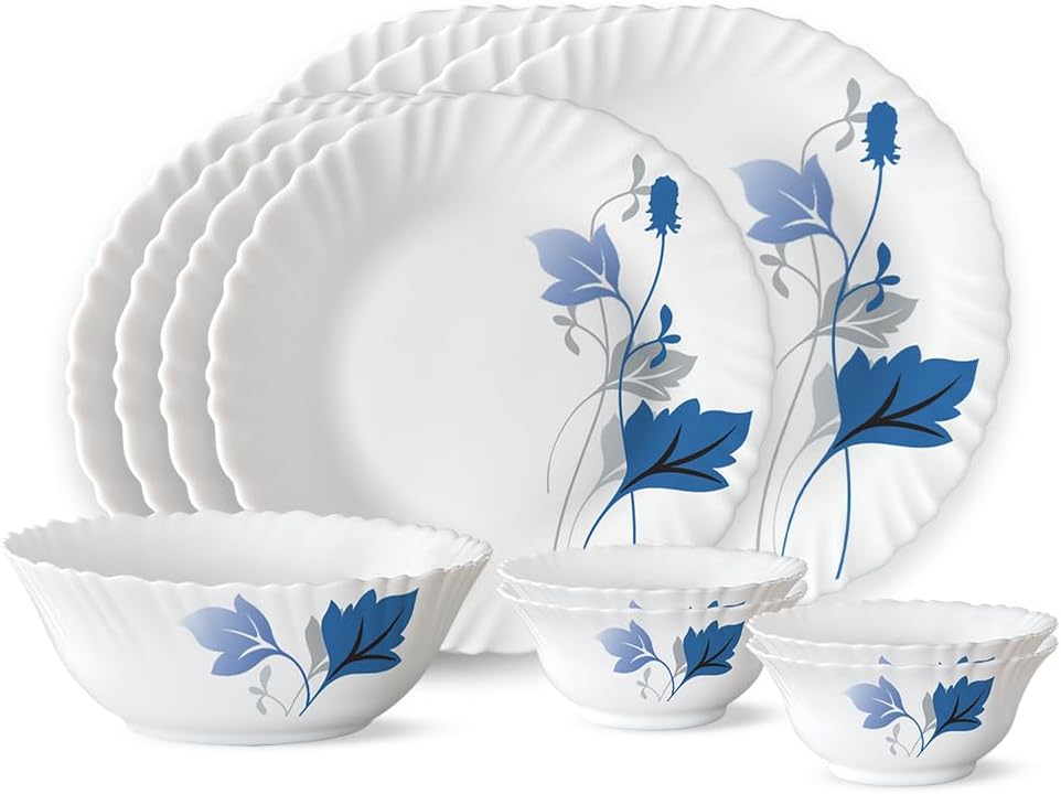 Fluted Series Ageria Opalware Dinner Set | 13 Piece for Family of 4 | Microwave & Dishwasher Safe | Bone-Ash Free | Crockery Set for Dining & Gifting | Plates & Bowls | White