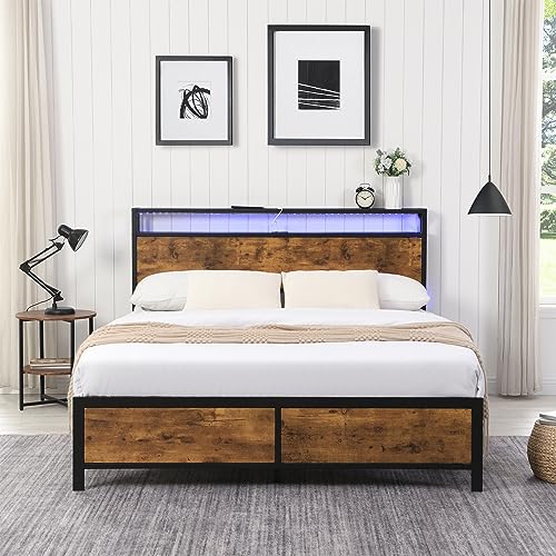 Anwick Modern Industrial Full Bed Frame With Led Lights And 2 Usb Ports,Bed Frame Full Size With Wood Storage Headboard And 12" Under Bed Storage,Noise Free,No Box Spring Needed (Full) #TOP29