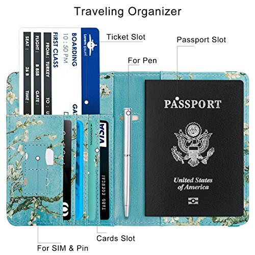 Image of WALNEW Passport Holder for Travel, RFID Passport Cover Wallet for Women Men, PU Leather Passport Book Card Holder Case with Pen, Travelling Essentials for Flying