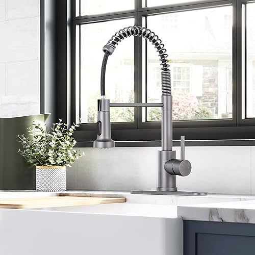 Image of HGN Kitchen Faucet with Pull Down Sprayer, Commercial Single Handle Spring Kitchen Sink Faucets for Farmhouse Camper Laundry Utility Rv Wet Bar Sinks Grey