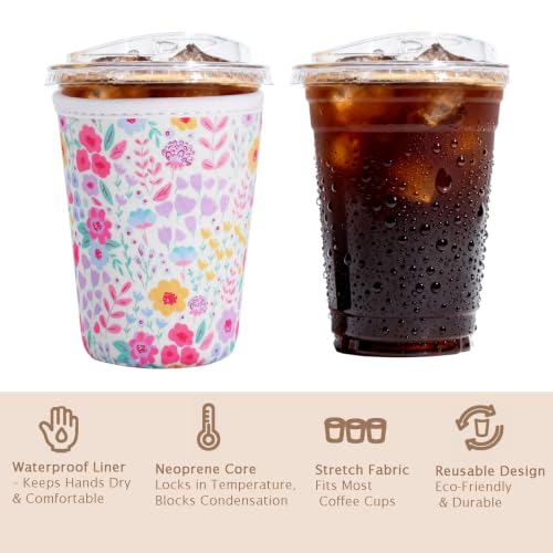 Image of Reusable Insulated Sleeve for Iced Coffee Cup, Coffee Neoprene Sleeve for Cold & Hot Drinks, Beverage Holder for Iced Coffee (Pastel Florals, Small: 16-18oz)