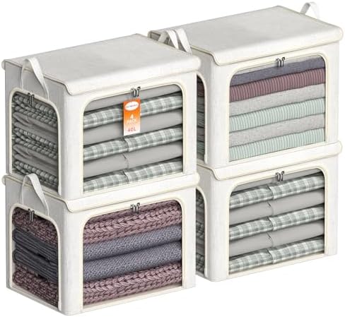 4 Pack Clothes Storage Bins with Metal Frame - Stackable Storage Box with Lid,40L Foldable Storage Container Organizer for Clothes,Linen Fabric Storage Box with Clear Window&Zipper
