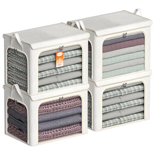 Chizjox 4 Pack Clothes Storage Bins with Metal Frame - Stackable Storage Box with Lid,40L Foldable Storage Container Organizer for Clothes,Linen Fabric Storage Box with Clear Window&Zipper