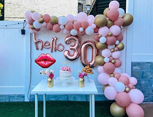 30th Birthday Rose Gold Hello 30 Script Letter Balloons Decorations Backdrop Decor For Her with Hello Thirty Birthday Party Cake Topper