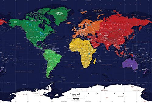 Academia Maps - World Map Wall Mural - Dark Ocean Political Map - Premium Self-Adhesive Fabric