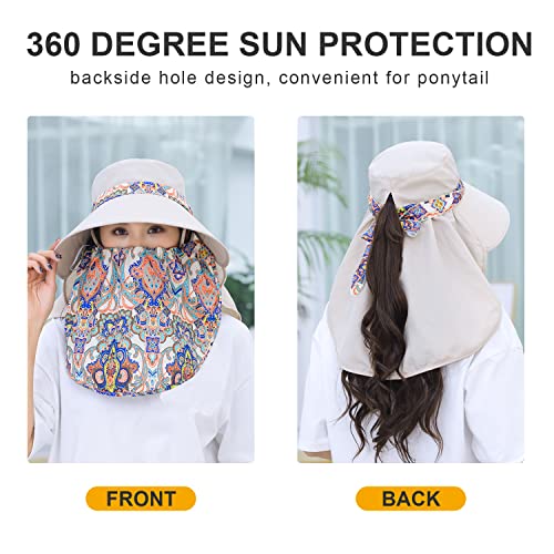 Image of Women Wide Brim Face Mask Sun Hat Detachable Neck Face Flap Ponytail UV Protection Visor Hat Garden Fishing Hiking