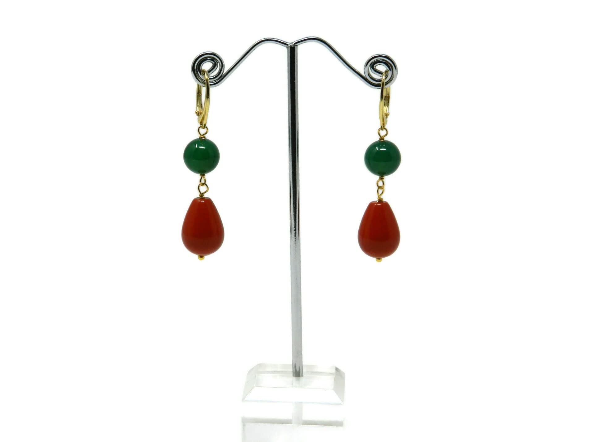 Orecchini pendenti donna in agata verde e pasta di corallo rosso Sardegna – Goccia 12x16 mm e pallina 10 mm – Argento 925 placcato oro – Handmade Made in Italy – Nickel-Free - DodiGioielli