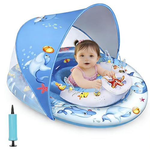 Foxgor Extra Large Baby Pool Float with UPF50+ Canopy, Anti-Flip Double Air Chambers, Adjustable Seat for Infant Toddler 6-36 Months, Ocean Toys | CPC Certified | ASTM F963 | for Pool Beach