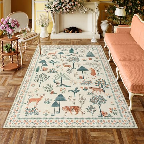 Lahome Jungle Kids Rugs for Nursery Aesthetic, Animal Area Rug 5×7 Playroom Living Room Large Washable Tree Carpet, Beige Bedroom Rug Non Shedding Soft Indoor Carpet for Kids Classroom