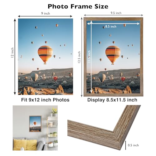Image of JCJMY 9x12 Picture Frame Rustic Brown for Wall Hanging, Wall Mounting Horizontally or Vertically, 9 x 12 Wall Gallery Poster Photo Frame with Shatter Resistant Plexiglass, Rustic Brown