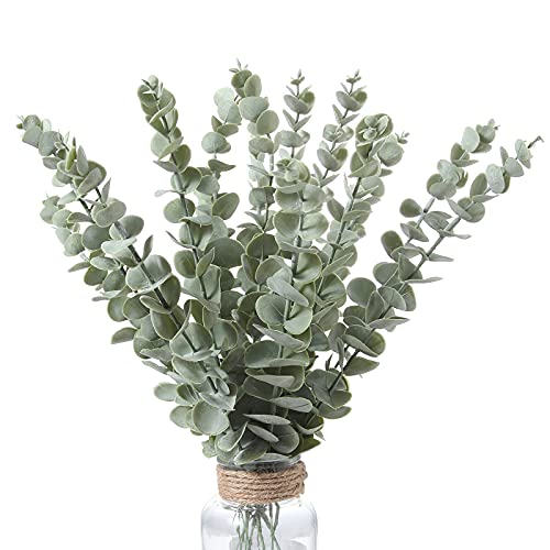 Momkids 12pack Eucayptus Stems Real Touch Leaf Fake Greenery Decor Plastic Artifical Plants Faux Eucalyptus Leaves Wedding Bouquet Dining Table Centerpiece Home Decor (Green)