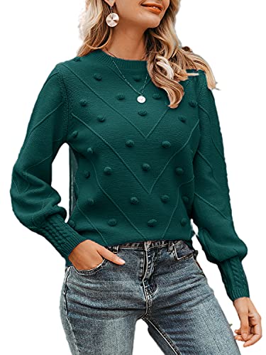 Miessial Women's Fall Crew Neck Pullover Sweater Cute Long Puff Sleeve Chunky Knit Sweater Pompom Jumper Top Green 8