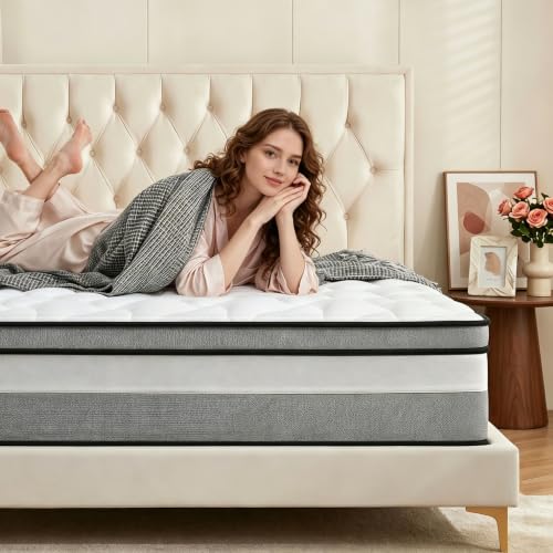 Curelia Queen Mattress, 12 Inch Hybrid Mattress Queen with Comfort Foam, Innerspring Pillow Top Mattresses in a Box, Pressure & Pain Relief, Soft Feel but Supportive