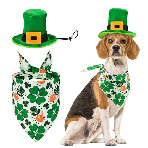CooShou Pet Dog & Cat St. Patrick's Day Costume - Green Shamrock Bandana & Leprechaun Hat Set for Dogs & Cats (2 Pcs)