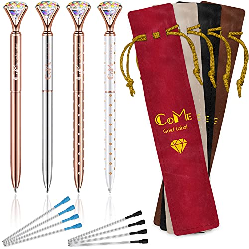 COME 4 Pcs Colorful Diamond Pens Rose Gold - 4 Velvet Bags, 8 Ink Refills Black & Blue
