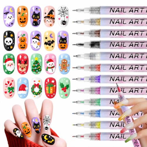 Nail Art Pens Set, 12 Color 0.5 MM Nail Art Markers Nail Polish Pens Drawing Painting Point Liner Painted Kit, Waterproof and Quick-drying Nail for DIY Design Manicure Tools