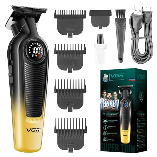 VGR 996 Maquina de Cortar Pelo Hombre, Cortadora de Pelo Hombre Inalámbrica con Turbocompresor de 7000 RPM, Trimmer Profesional Equipado Cuchillas de Cerámica, Pantalla LED y Carga USB, Oro