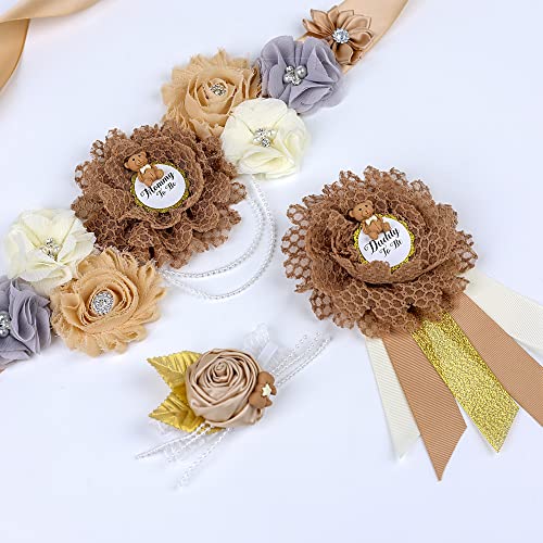 Maternity Sash Set Mom Daddy to Be Baby Shower Belly Band Gender Reveal Party Gift Keepsake Pregnancy Photo Props (Brown)2