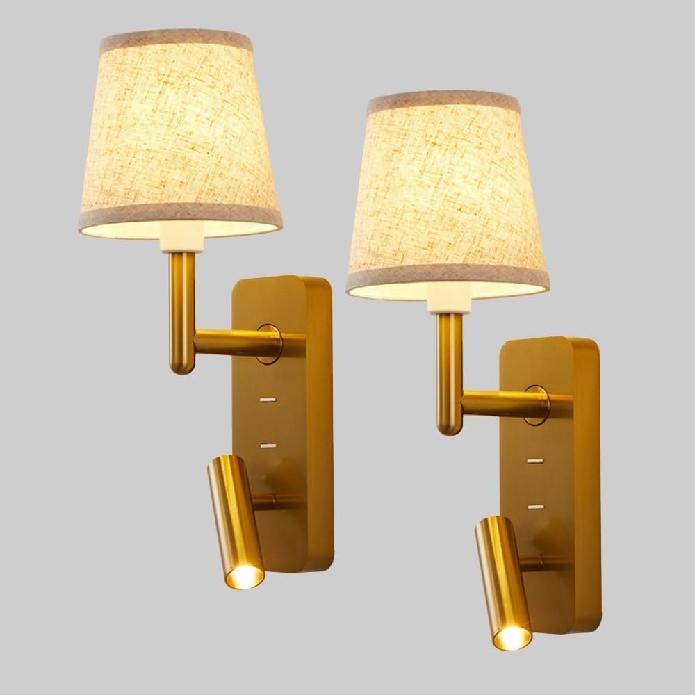 SXWNBIFH 2-Pack Bedroom Bedside Lamp Fabric Lampshade Design Wall Sconce, Gold Metal Wall Lamp with Adjustable Spotlights, Hardwired Wall-Mounted Sconce for Hotel, Corridor, Living Room