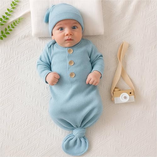 OPAWO Knotted Gown Baby Newborn Sleepers Baby Boy Coming Home Outfit, Bamboo Viscose Baby Gowns with Mitten Cuffs and Hat Set2