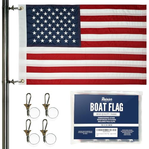 RainierSupplyCo Large American Flag for Boat - 16x24 USA Boat Flags with Embroidered Stars Sewn Stripes 2 Brass Grommets 4 Heavy Duty Clips - Outdoor Banner for Pontoon Yachts Boating Accessories